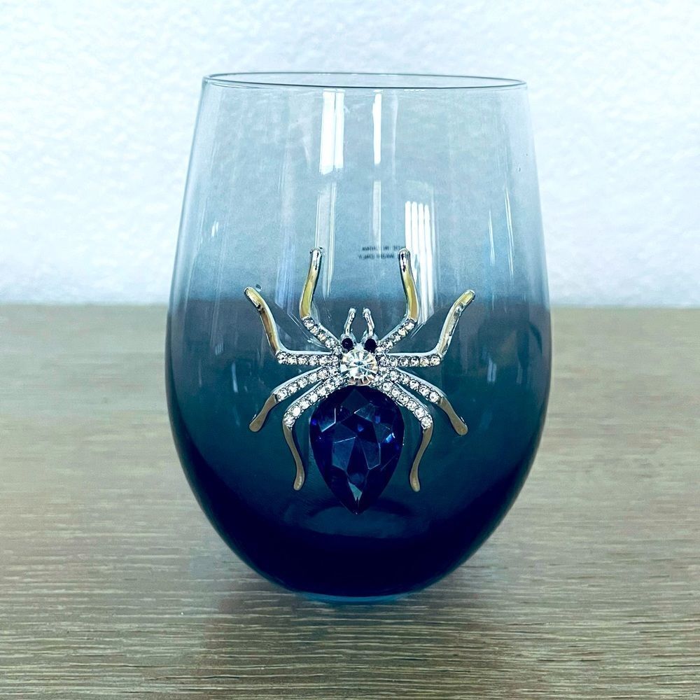 Stemless Wine Glass Blue Crystal Jeweled Halloween Spider